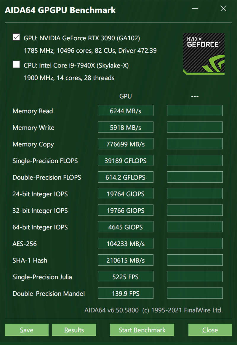 图 4. AIDA64 GPGPU 在 PCie 3.0 x8 通道数量下的测试截图。