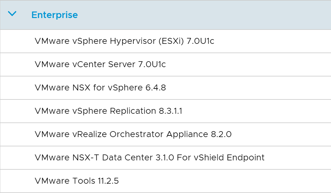 图 1：VMware 的 vSphere Enterprise 版本总共有这么多子产品，vSphere 的 Essential 和 Stanard 版本基本属于这个企业版的阉割（不过现在的 7.0 版本貌似没有这种区别了，Essential 和 Enterprise 的 ESXi 是一样的）。