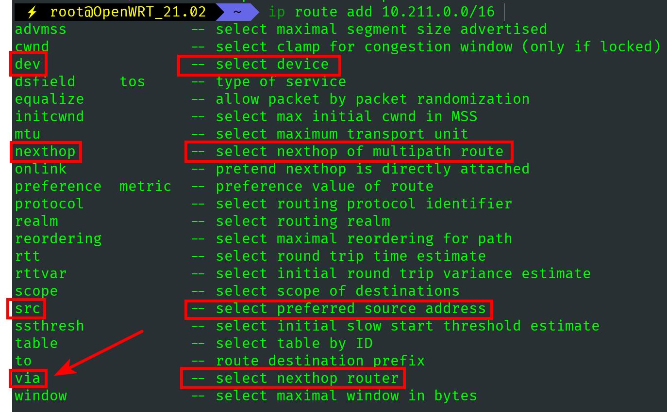 图 5. ip route add 中常见的几个参数。