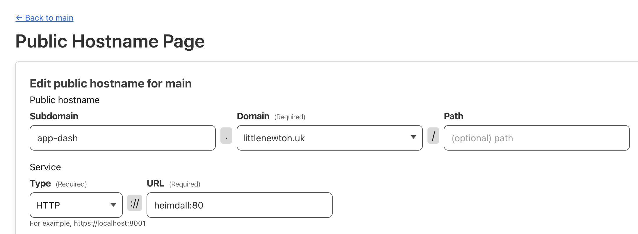 图 4. 在每一个 Public Hostname 详情中，可设置被外部用户访问的 URL（即服务的域名，如 service.cftunnel.com）和内网地址（即 connector 所能访问到的地址，如 http://localhost:8080/ 或者 http://192.168.80.1:8080/）