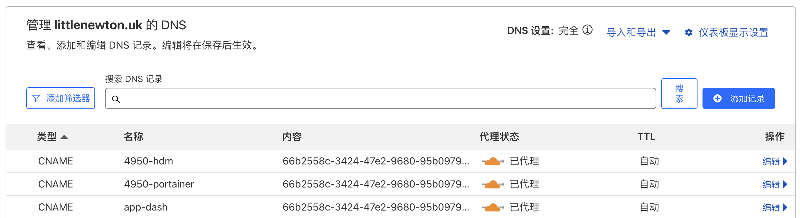 图 2. 在 Cloudflare Tunnel 里注册服务之后，对应的一级域名解析记录里会出现对应的不常见解析结果，此即隧道类型解析。