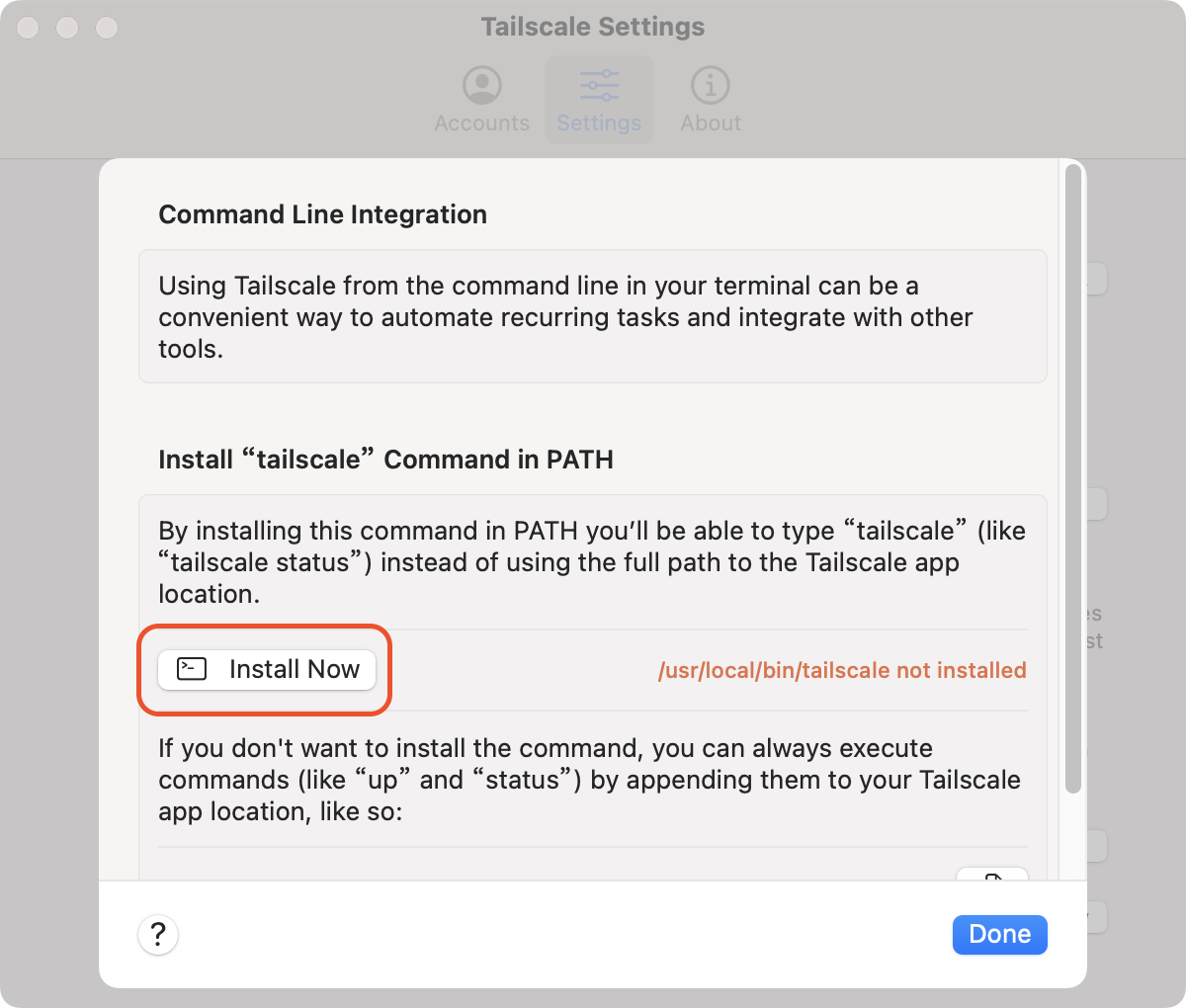 图 4. 安装 tailscale 命令行工具，随后即可在 Terminal 里使用命令查看网络状态和配置运行模式。