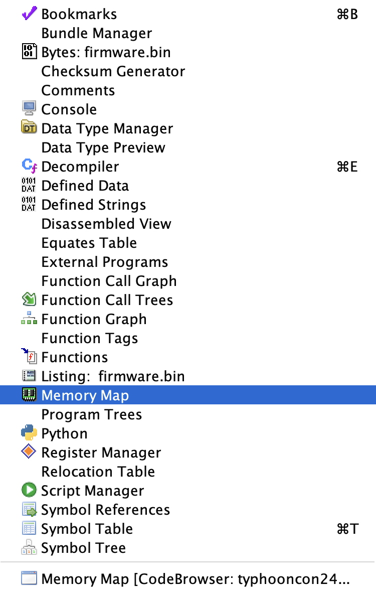 图 8. 在 Window 窗口打开 Memory Map 菜单，查看当前段设置。