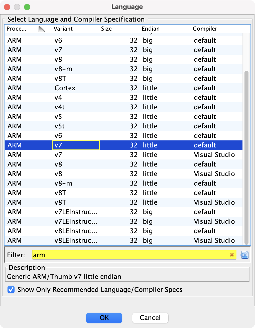 图 5. 在语言菜单中，选择合适的指令集。在这里我们选择 ARMv7 little endian 小端序。这一步非常重要。