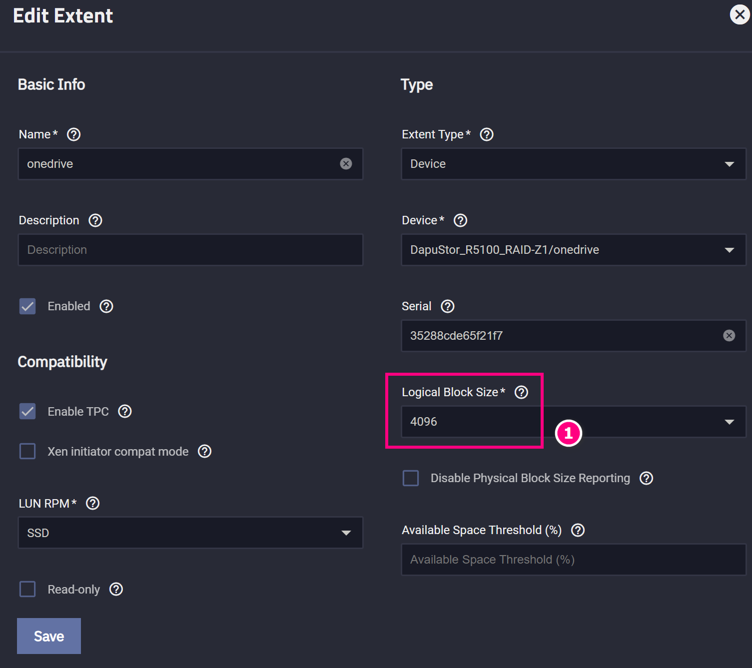 图 12. 设置 Extent 的 Logical Block Size 数值。