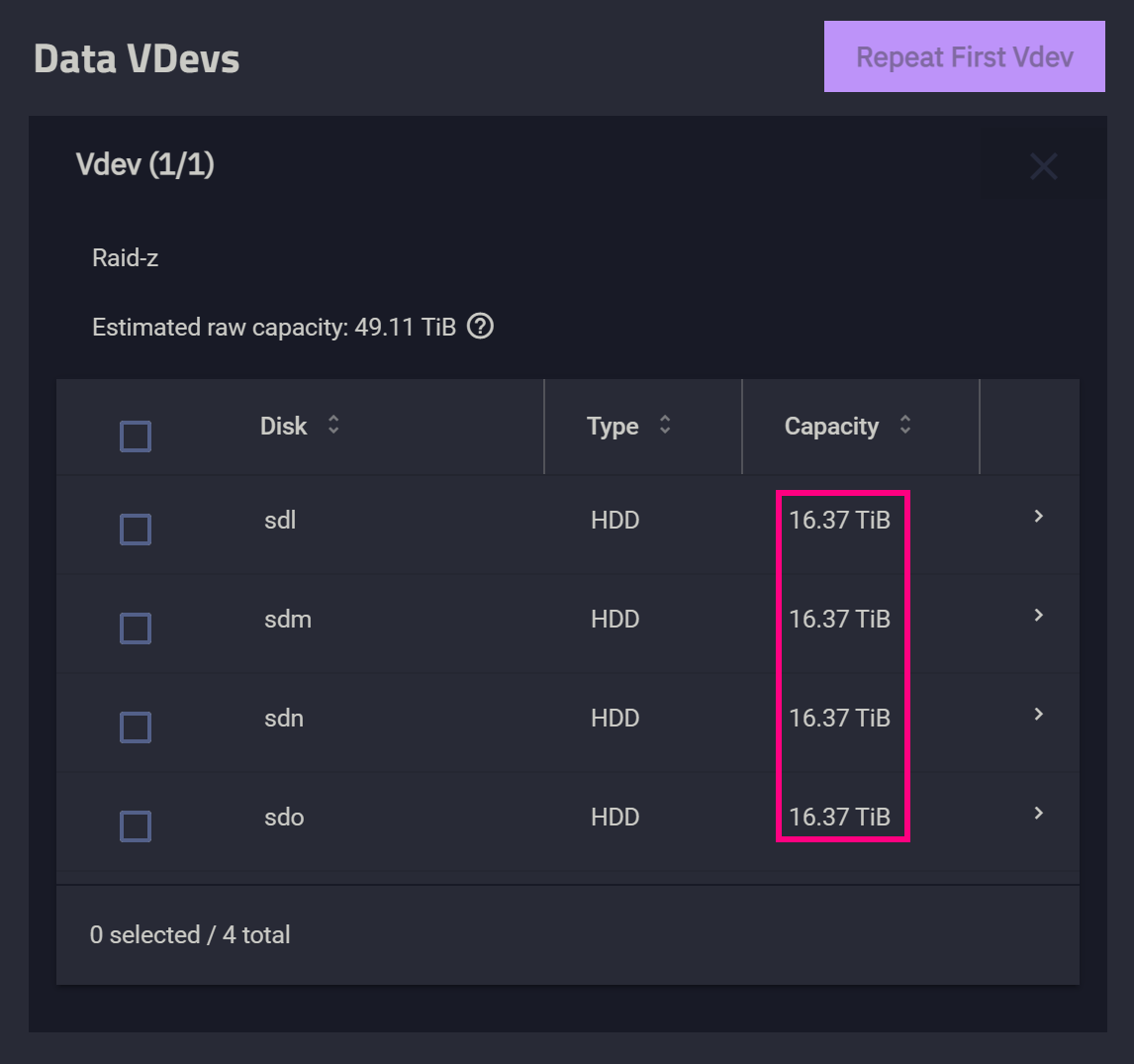 图 16. 新的 data vdev 依旧由四个盘组 RAID-Z1，与之前的两个 data vdev 完全一致。