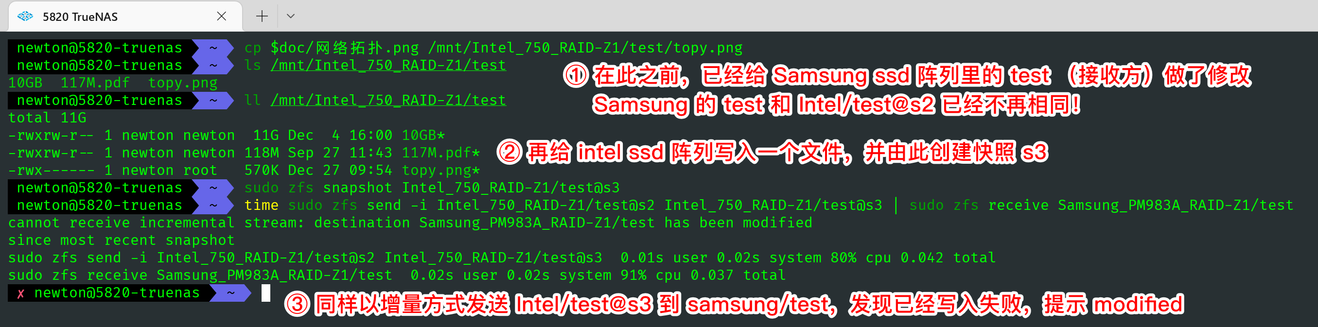 图 26. 可以发现，zfs send 失败了，系统提示 cannot reveive incremental stream: destination dataset has been modified. 备份数据集是不能被修改的，一旦修改将会产生存储快照分叉，因此无法拉取新数据。强烈建议 zfs recv 之后立即打一个快照，防止被修改。