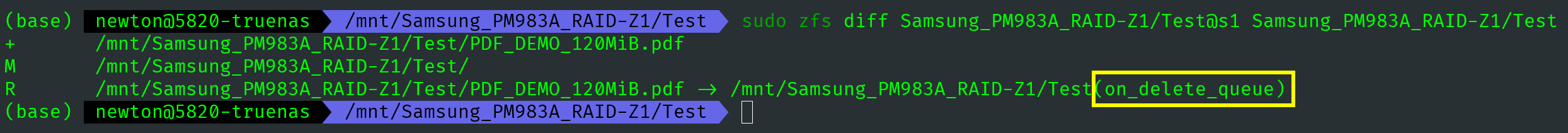 图 20. 使用 zfs diff 命令查看数据集与快照、快照与快照之间的差异。