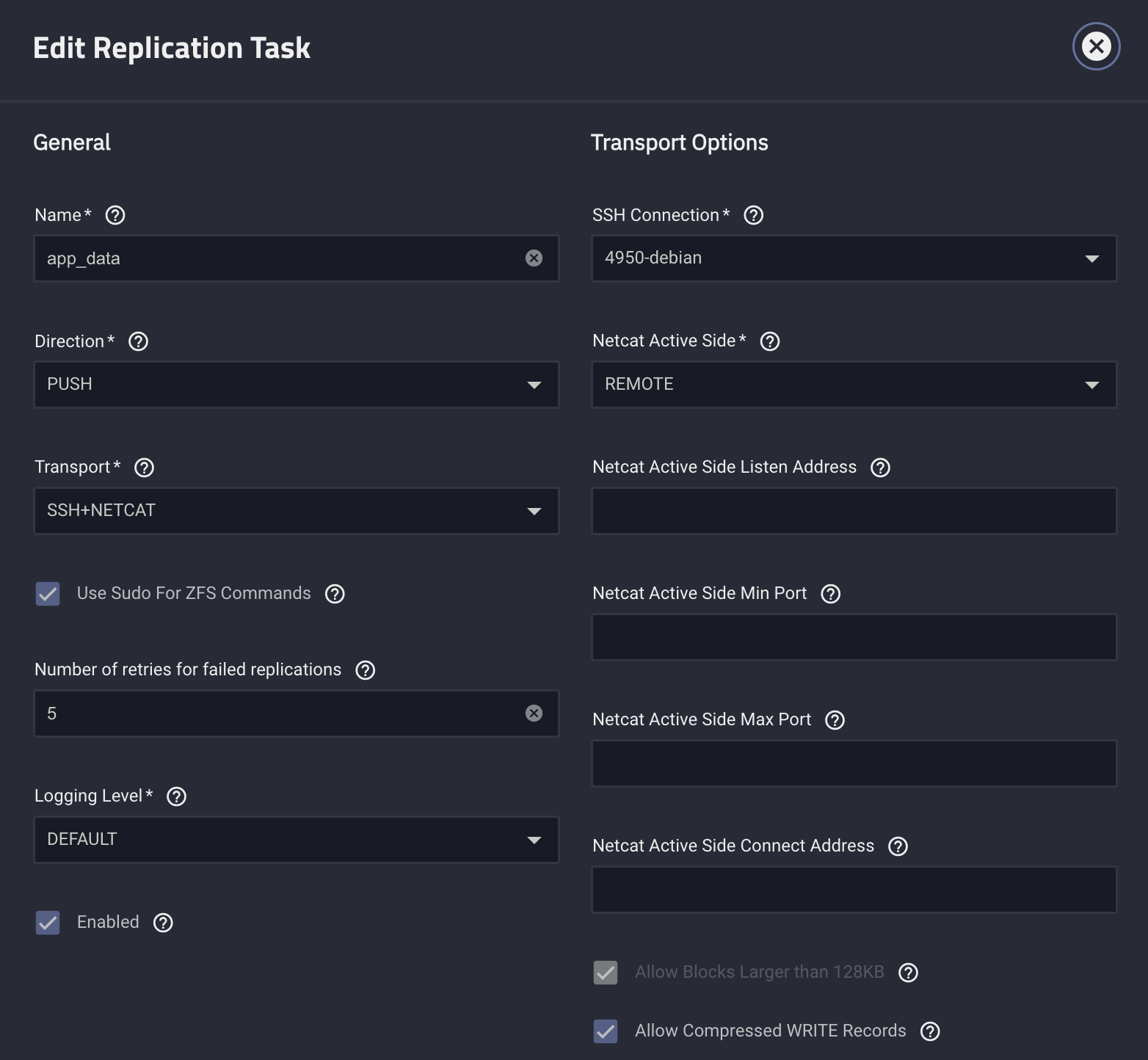 图 3. TrueNAS SCALE Replication 的通用和传输配置