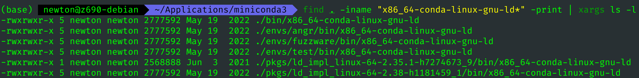 图 1. 在移除某个虚拟环境之前，x86_64-conda-linux-gnu-ld 文件的引用计数一直是 5，表示有五个文件引用了同一个磁盘中的入口，即这五个文件实际上是同一个文件。