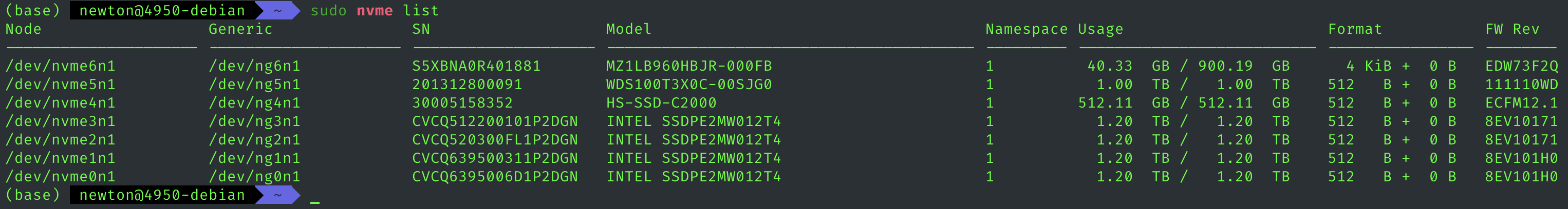 图 2. 使用 nvme-list 命令查看 NVMe 硬盘列表，Node 列就是磁盘的句柄（盘符），可用来执行 ZFS pool 的创建。